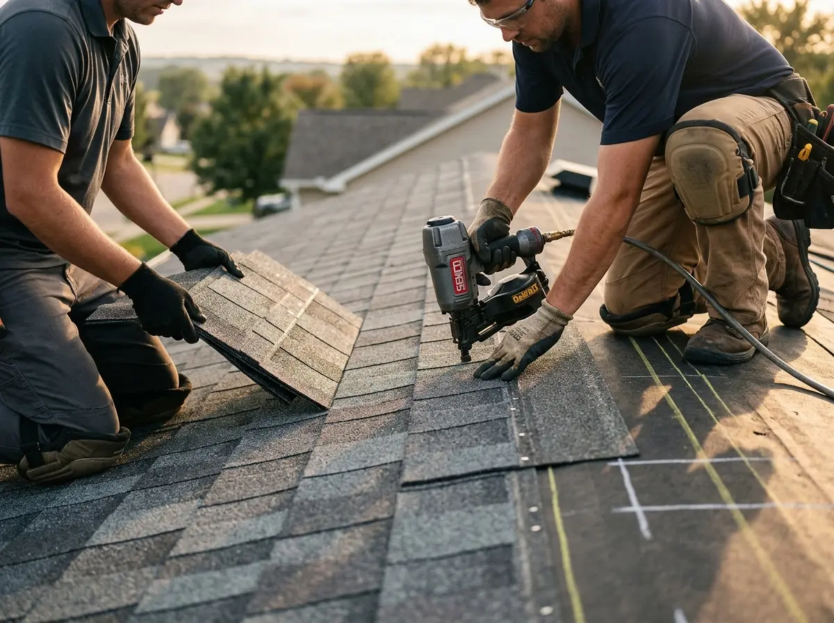 Professional roofer working on a residential roof in Chisago City